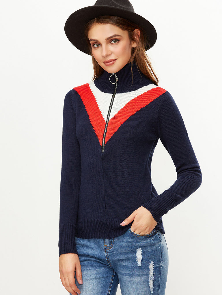 Navy Chevron Pattern Zip Turtleneck Sweater