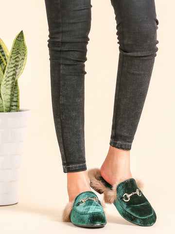 Dark Green Velvet Fur Lined Loafer Slippers