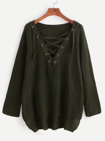 Dark Green Eyelet Lace Up High Low Sweater