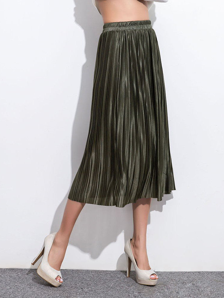 Army Green Elastic Waist Pleated Skirt