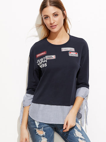 Navy Striped Trim Tie Sleeve T-shirt With Patch Detail - papaya-fashion