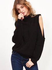 Black Turtleneck Open Shoulder Ribbed Knit Sweater