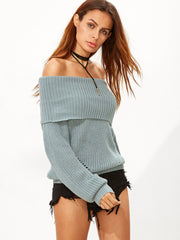 Green Foldover Off The Shoulder Sweater