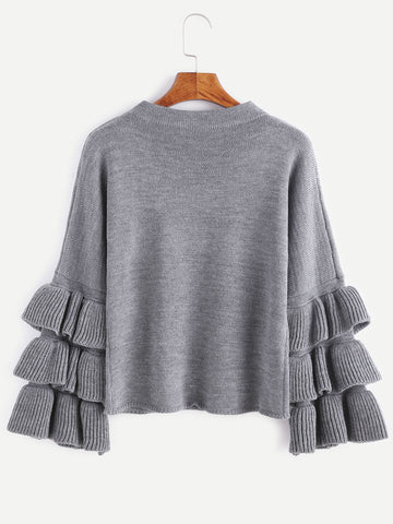 Grey Layered Ruffle Sleeve Pullover Sweater - papaya-fashion