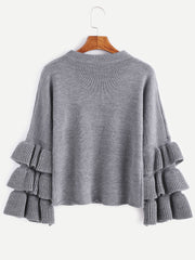 Grey Layered Ruffle Sleeve Pullover Sweater