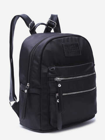 Black Double Zipper Front Nylon Backpack - papaya-fashion
