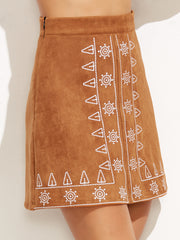 Camel Suede Embroidered A Line Skirt