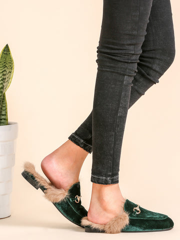 Dark Green Velvet Fur Lined Loafer Slippers - papaya-fashion