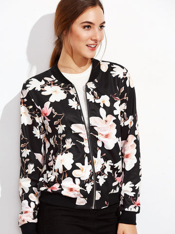 Black Flower Print Zip Up Bomber Jacket - papaya-fashion