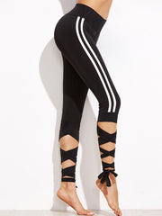 Black Striped Sideseam Crop Leggings With Lace Up Detail