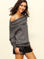 Grey Convertible Neck Long Sleeve Knitted T-shirt