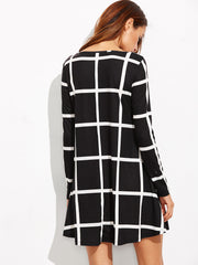 Black Grid Long Sleeve Swing Dress