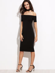 Black Off The Shoulder Pencil Dress With Choker