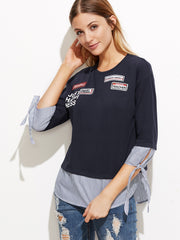 Navy Striped Trim Tie Sleeve T-shirt With Patch Detail