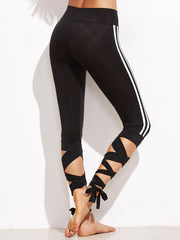 Black Striped Sideseam Crop Leggings With Lace Up Detail