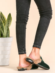 Dark Green Velvet Fur Lined Loafer Slippers