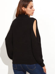 Black Turtleneck Open Shoulder Ribbed Knit Sweater