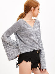 Grey Marled Knit Bell Sleeve Sweater