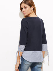 Navy Striped Trim Tie Sleeve T-shirt With Patch Detail