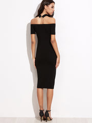 Black Off The Shoulder Pencil Dress With Choker