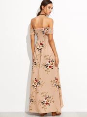 Pink Rose Print Off The Shoulder Wrap Dress
