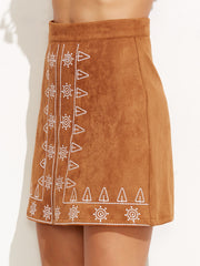 Camel Suede Embroidered A Line Skirt